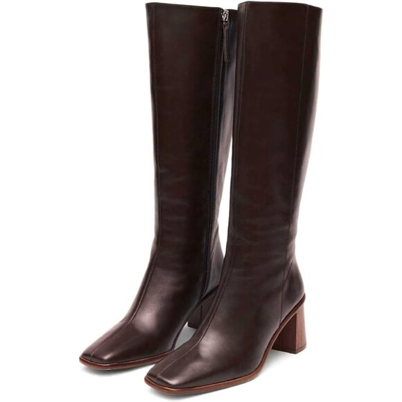 Shoes - Women's Brown Faux Leather Chunky High Heel Tall Boot Fashion Square Toe